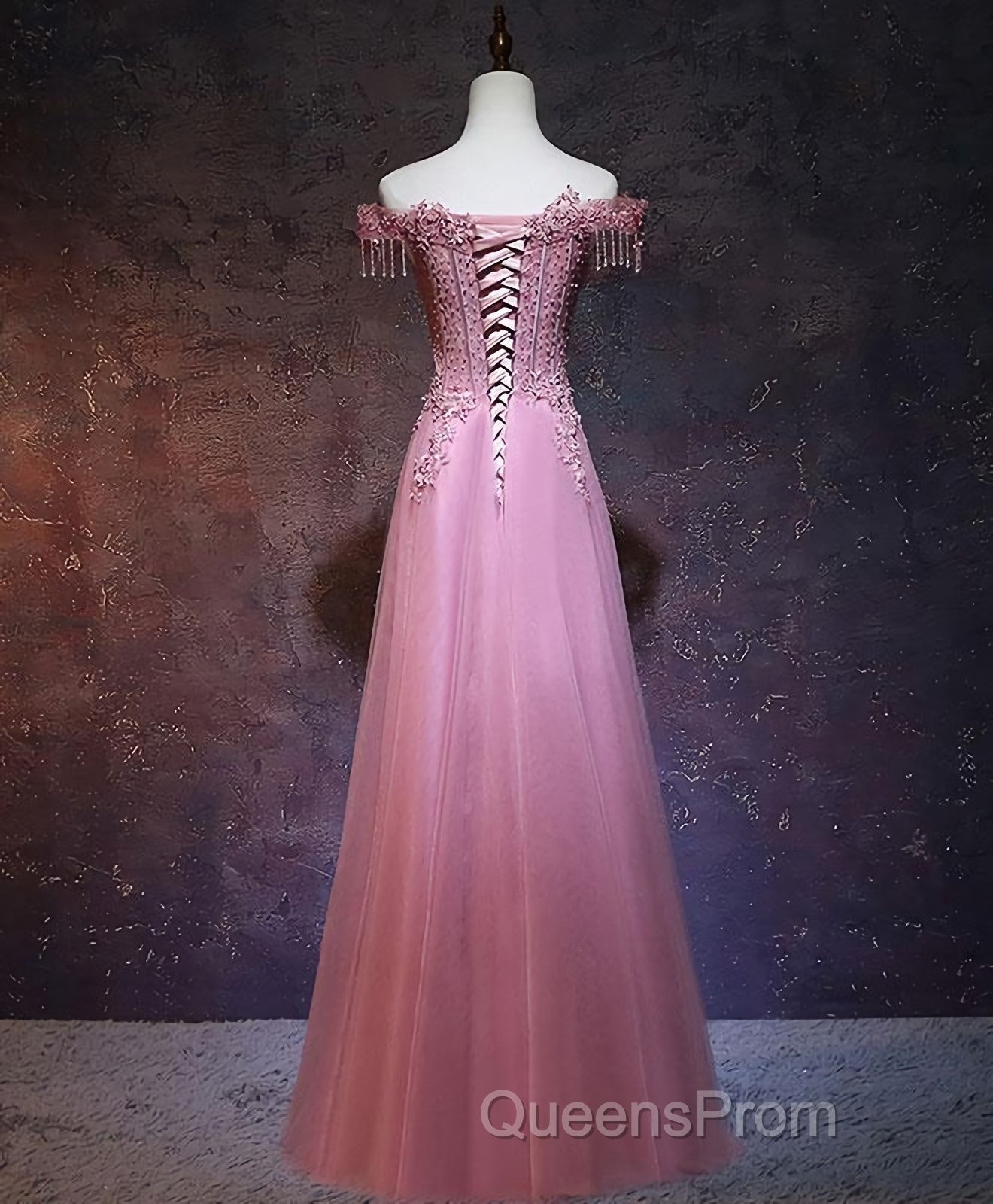Burgundy Tulle Lace Off Shoulder Long Evening Prom Dress, Burgundy Lace Evening Dress
