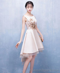 Champagne Satin Lace Short Prom Dress Champagne Homecoming Dress