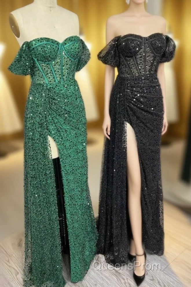 Mermaid Off-the-Shoulder Boning Sequins Pleated Long Evening Prom Dress with Slit Main image