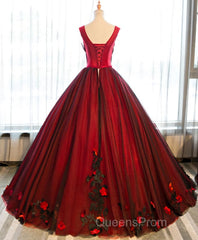 Burgundy Round Neck Tulle Lace Applique Long Evening Prom Dress, Burgundy Evening Dress