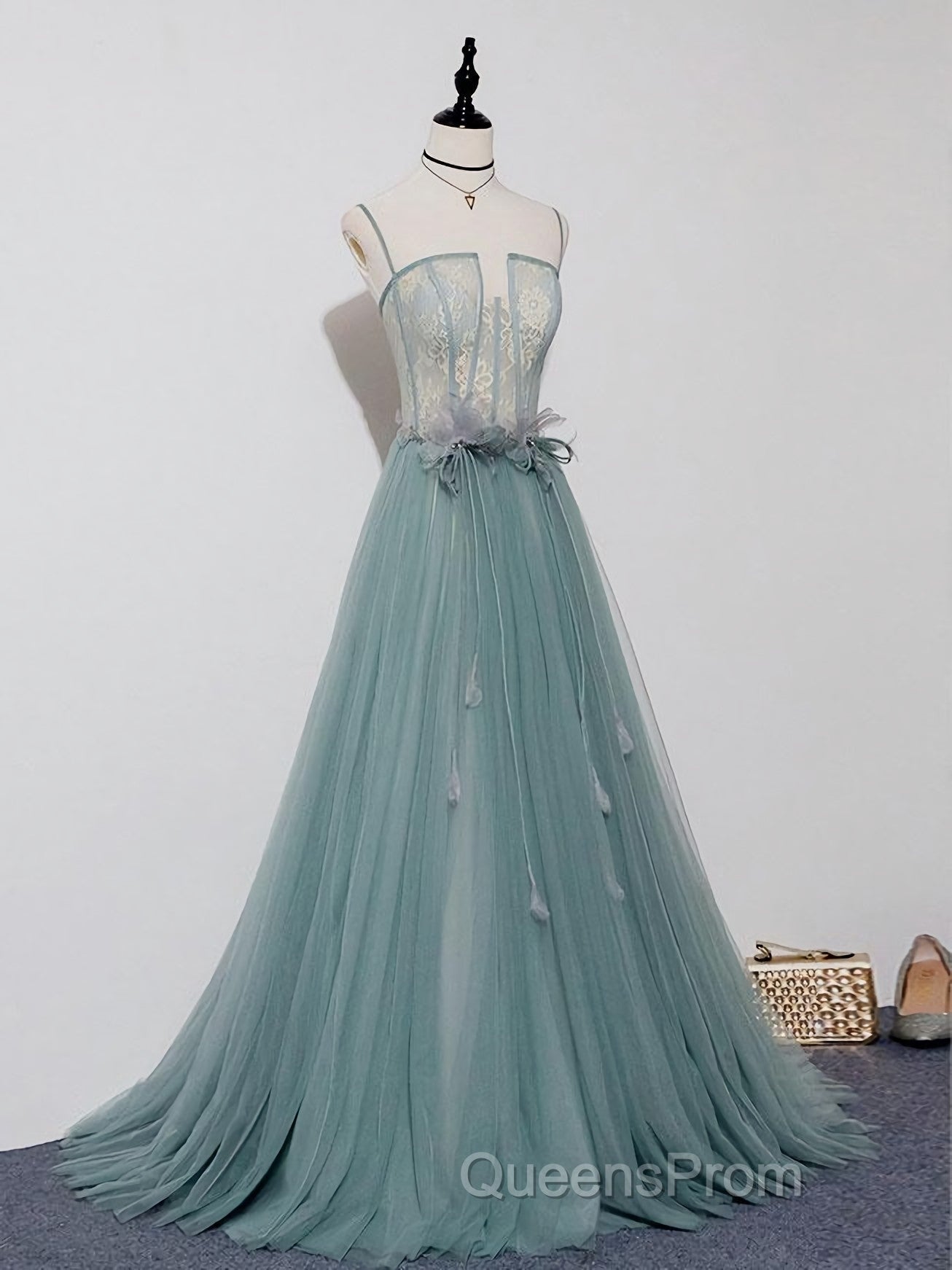 Green A Line Tulle Lace Long Evening Prom Dress, Green Tulle Formal Dress Secondary image