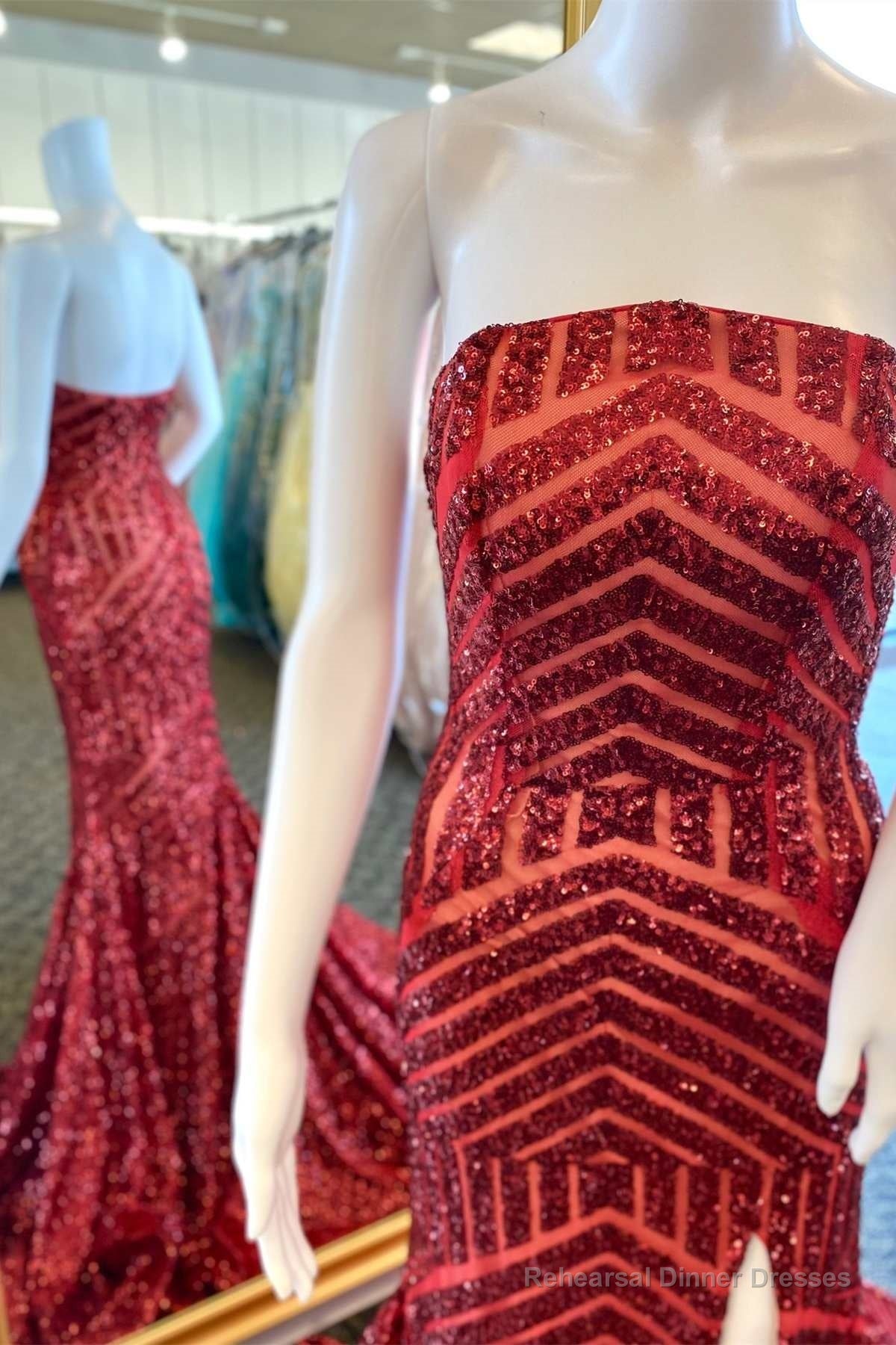 Red Sequin Strapless Mermaid Long Prom Dress with Slit Main image