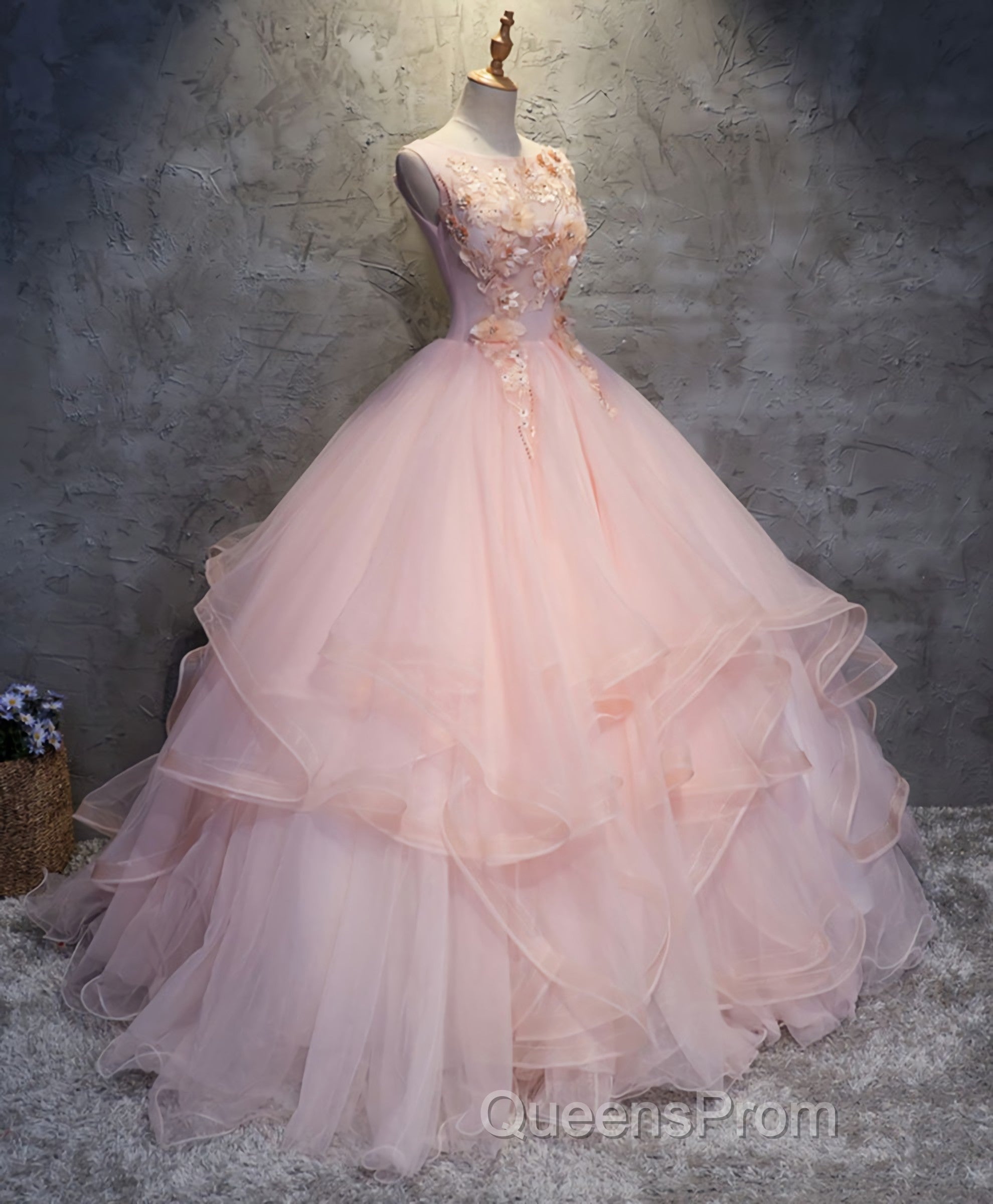 Pink Round Neck Tulle Lace Long Evening Prom Dress, Lace Formal Dress Secondary image