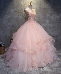 Pink Round Neck Tulle Lace Long Evening Prom Dress, Lace Formal Dress