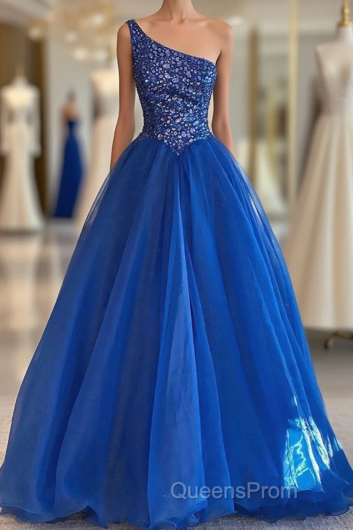 Blue Beaded One-Shoulder A-Line Long Evening Prom Dress Main image