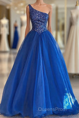 Blue Beaded One-Shoulder A-Line Long Evening Prom Dress