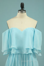 Off the Shoulder Blue Flounce Chiffon Long Bridesmaid Dress