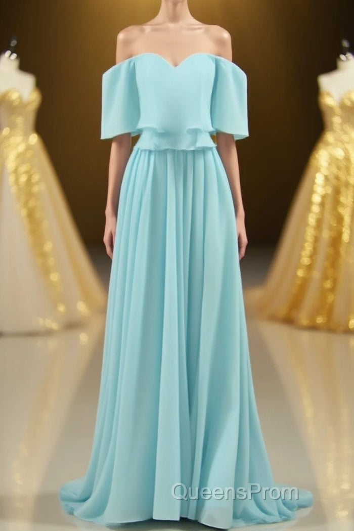 Off the Shoulder Blue Flounce Chiffon Long Bridesmaid Dress
