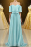 Off the Shoulder Blue Flounce Chiffon Long Bridesmaid Dress