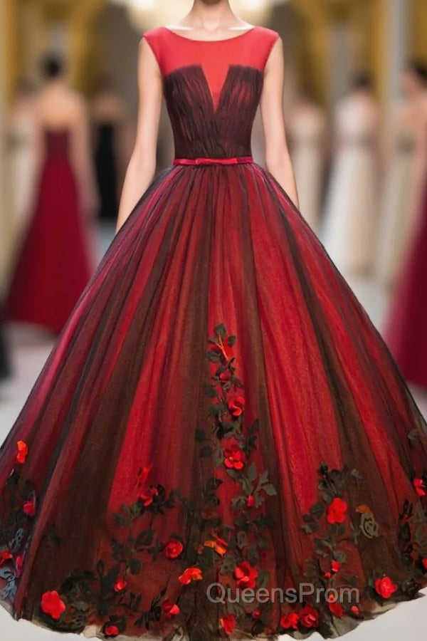 Burgundy Round Neck Tulle Lace Applique Long Evening Prom Dress, Burgundy Evening Dress Main image