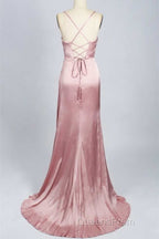 Pink Scoop Neck Lace-Up Back Long Formal Dress with Slit