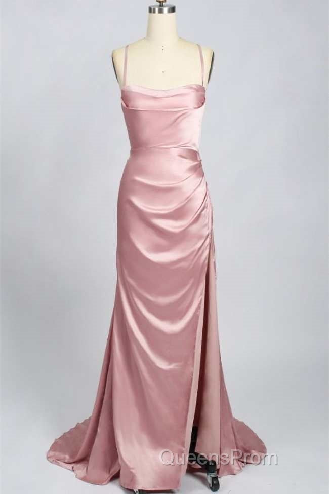 Pink Scoop Neck Lace-Up Back Long Formal Dress with Slit