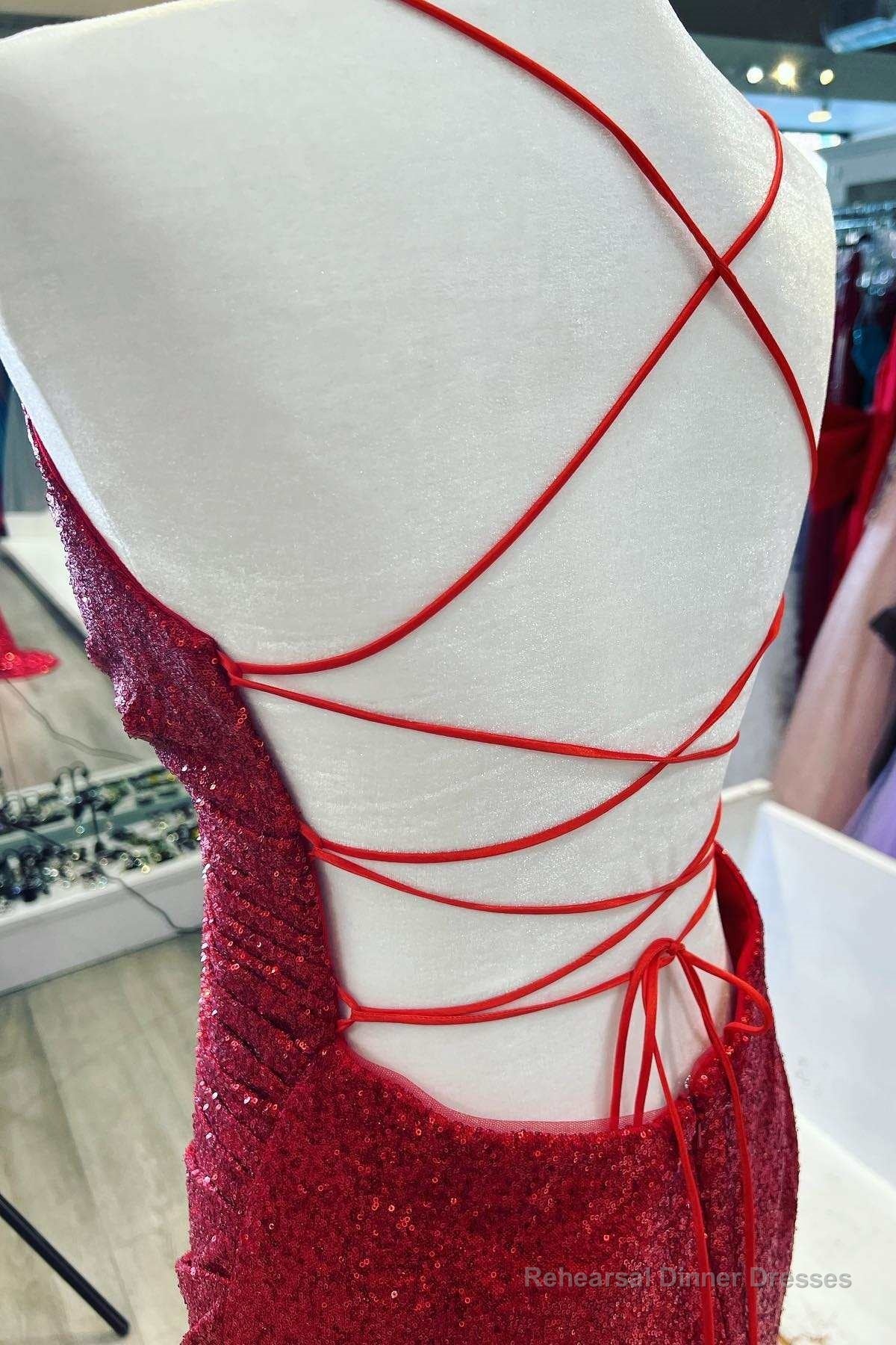 Red Sequin Lace-Up Back Mermaid Long Prom Dress with Slit Secondary image