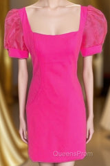 Fuchsia Puff Sleeves Square Neck Sheath Homecoming Dress