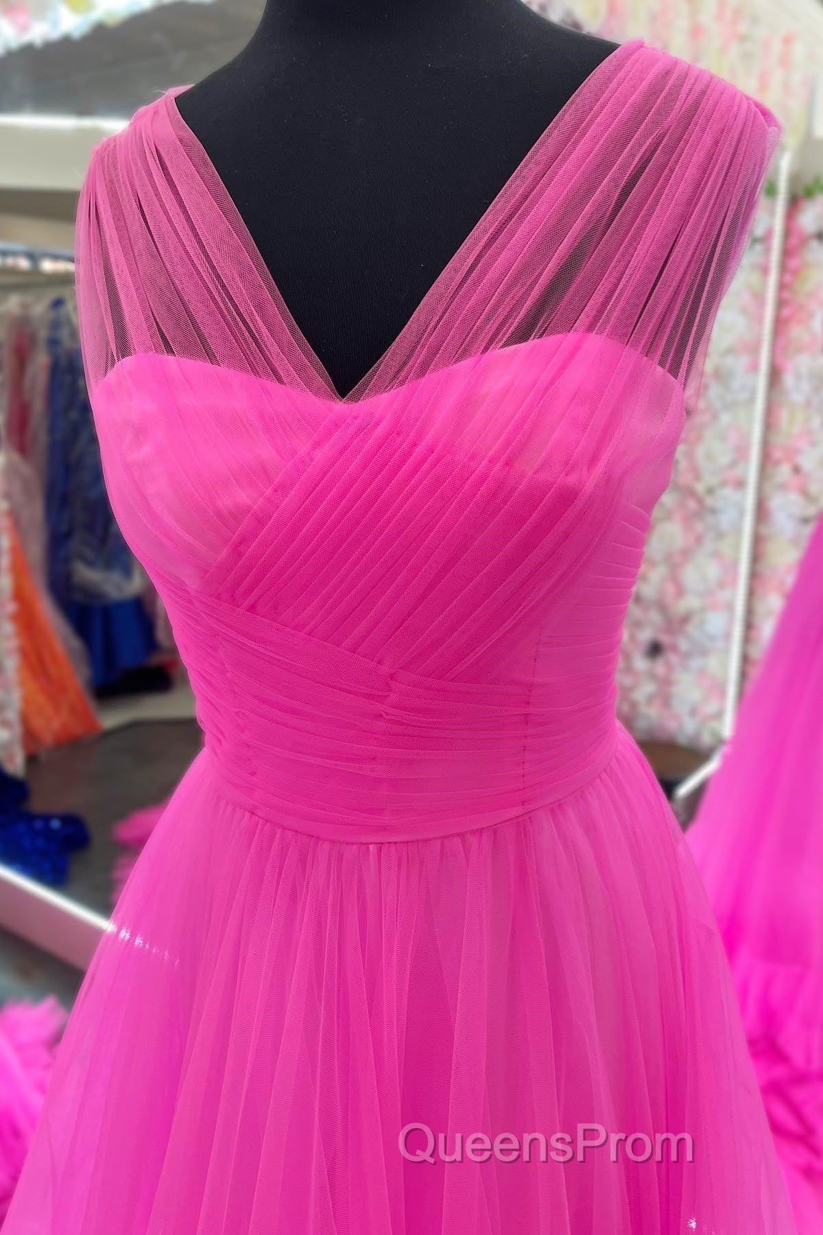 Hot Pink Illusion Strapless A-line Layers Tulle Long Evening Prom Dress Secondary image