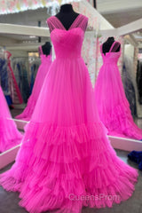 Hot Pink Illusion Strapless A-line Layers Tulle Long Evening Prom Dress