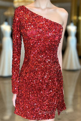 Glitter One Sleeve Red Sequined Homecoming Dress