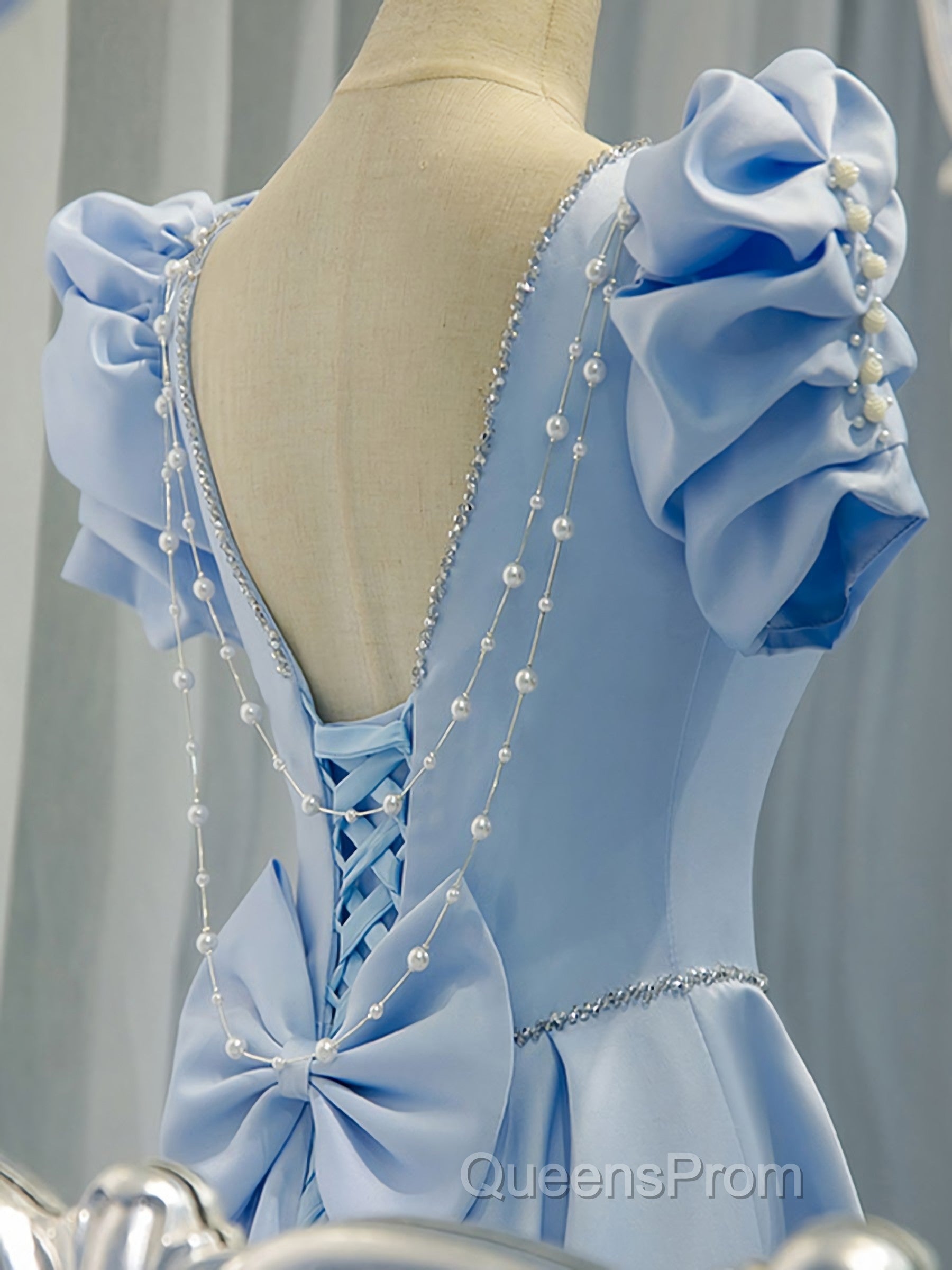 Blue Satin Backless Long Evening Prom Dress, Blue Evening Dress