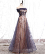 Unique Tulle Off Shoulder Lace Long Evening Prom Dress, Lace Formal Dress
