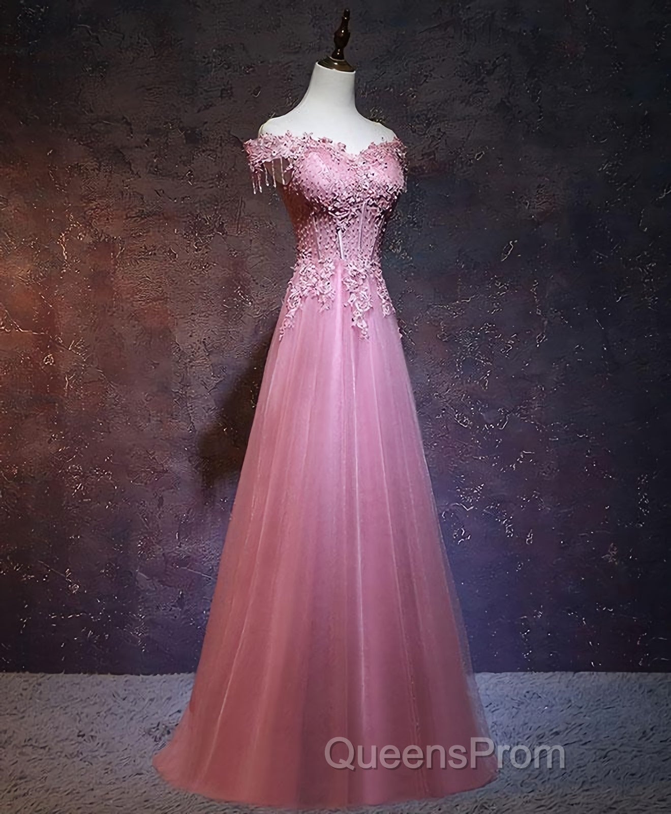 Burgundy Tulle Lace Off Shoulder Long Evening Prom Dress, Burgundy Lace Evening Dress