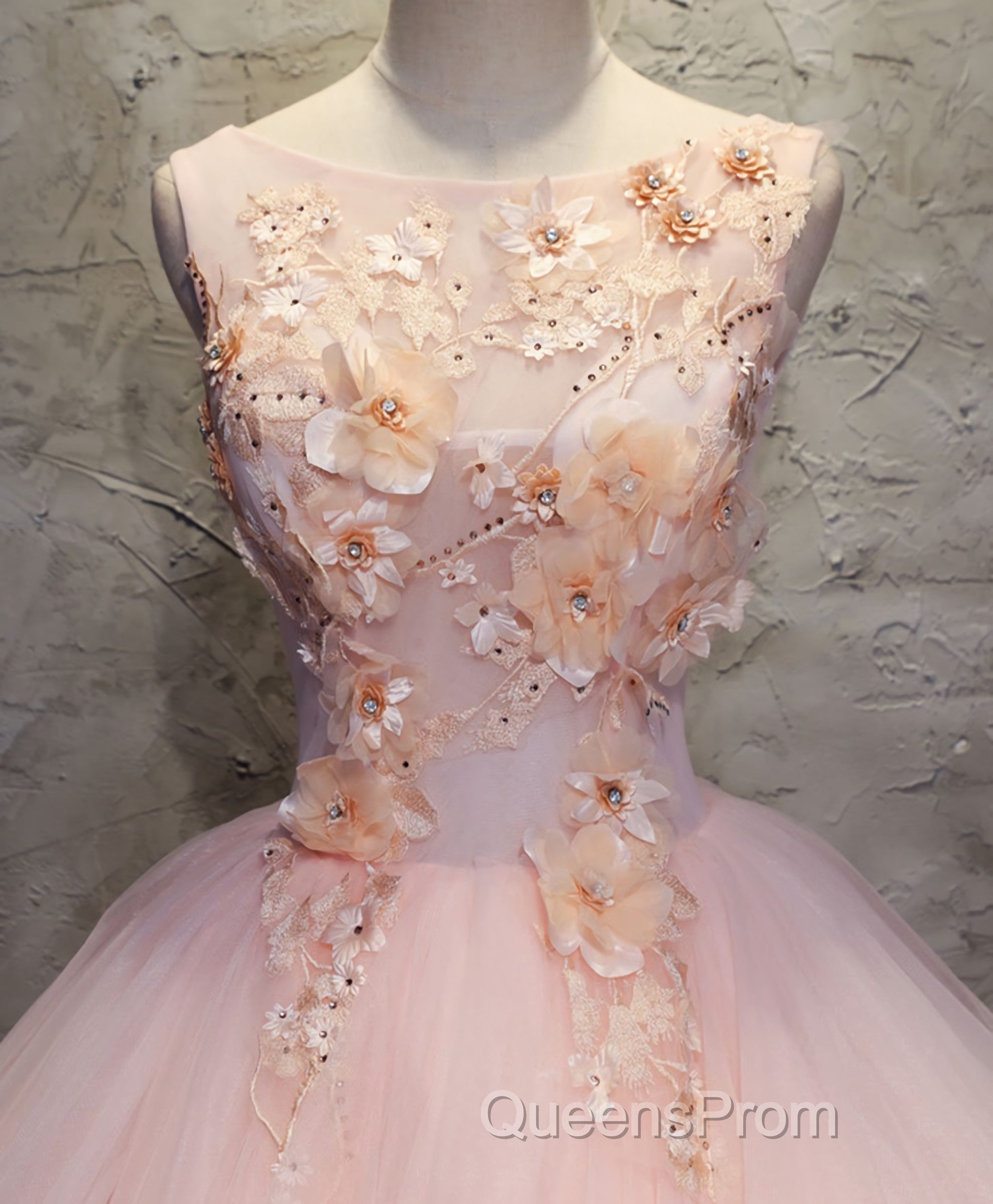 Pink Round Neck Tulle Lace Long Evening Prom Dress, Lace Formal Dress