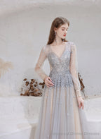 Champagne Prom Dresses Tulle Beading Luxury V Neck Long Sleeves Evening Dress 2025 Long Evening Party Dresses Women Robe De Luxe Femme Backless A Line Prom Gown