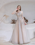 A Line Bateau Prom Dress, Long Neck With Train Sleeveless Zipper Formal Party Dresses