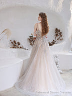 A Line Bateau Prom Dress, Long Neck With Train Sleeveless Zipper Formal Party Dresses