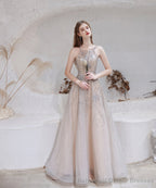 A Line Bateau Prom Dress, Long Neck With Train Sleeveless Zipper Formal Party Dresses