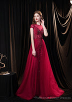 Cap Sleeves Prom Dress 2025 Beading Appliques Tulle Scoop Floor Length Burgundy Prom Dresses