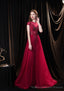Cap Sleeves Prom Dress 2025 Beading Appliques Tulle Scoop Floor Length Burgundy Prom Dresses