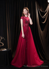 Cap Sleeves Prom Dress 2025 Beading Appliques Tulle Scoop Floor Length Burgundy Prom Dresses