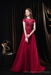 Cap Sleeves Prom Dress 2025 Beading Appliques Tulle Scoop Floor Length Burgundy Prom Dresses
