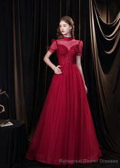 Burgundy Prom Dresses, Tulle High Neck Cap Sleeve Backless Beading Prom Dress