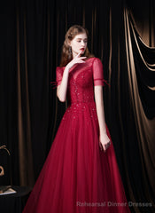 Burgundy Prom Dresses, Tulle High Neck Cap Sleeve Backless Beading Prom Dress