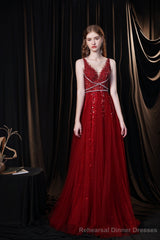 Luxury Burgundy Evening Dress, Long Evening Party Prom Dresses, A Line Prom Gown