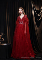 Luxury Burgundy Evening Dress, Long Evening Party Prom Dresses, A Line Prom Gown