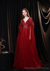 Luxury Burgundy Evening Dress, Long Evening Party Prom Dresses, A Line Prom Gown