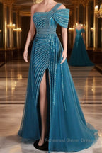One-Shoulder Beading Sweep Train Backless Evening Dresses