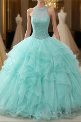 Mint Ball Gown Floor Length Halter Keyhole Back Beading Ruffles Evening Prom Dress