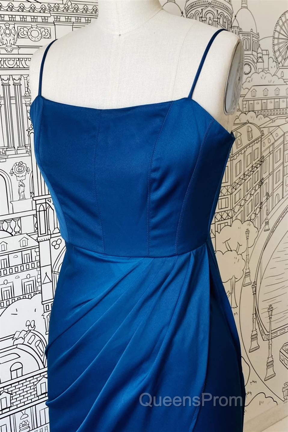 Sheath Spaghetti Straps Satin Long Bridesmaid Dress with Slit