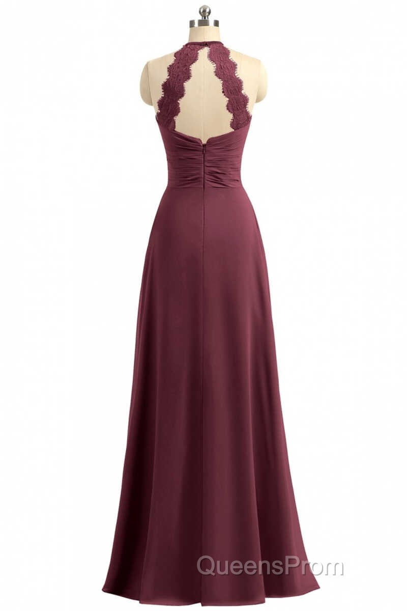 Burgundy Chiffon Halter Long Bridesmaid Dress with Lace Strap Secondary image