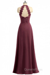 Burgundy Chiffon Halter Long Bridesmaid Dress with Lace Strap