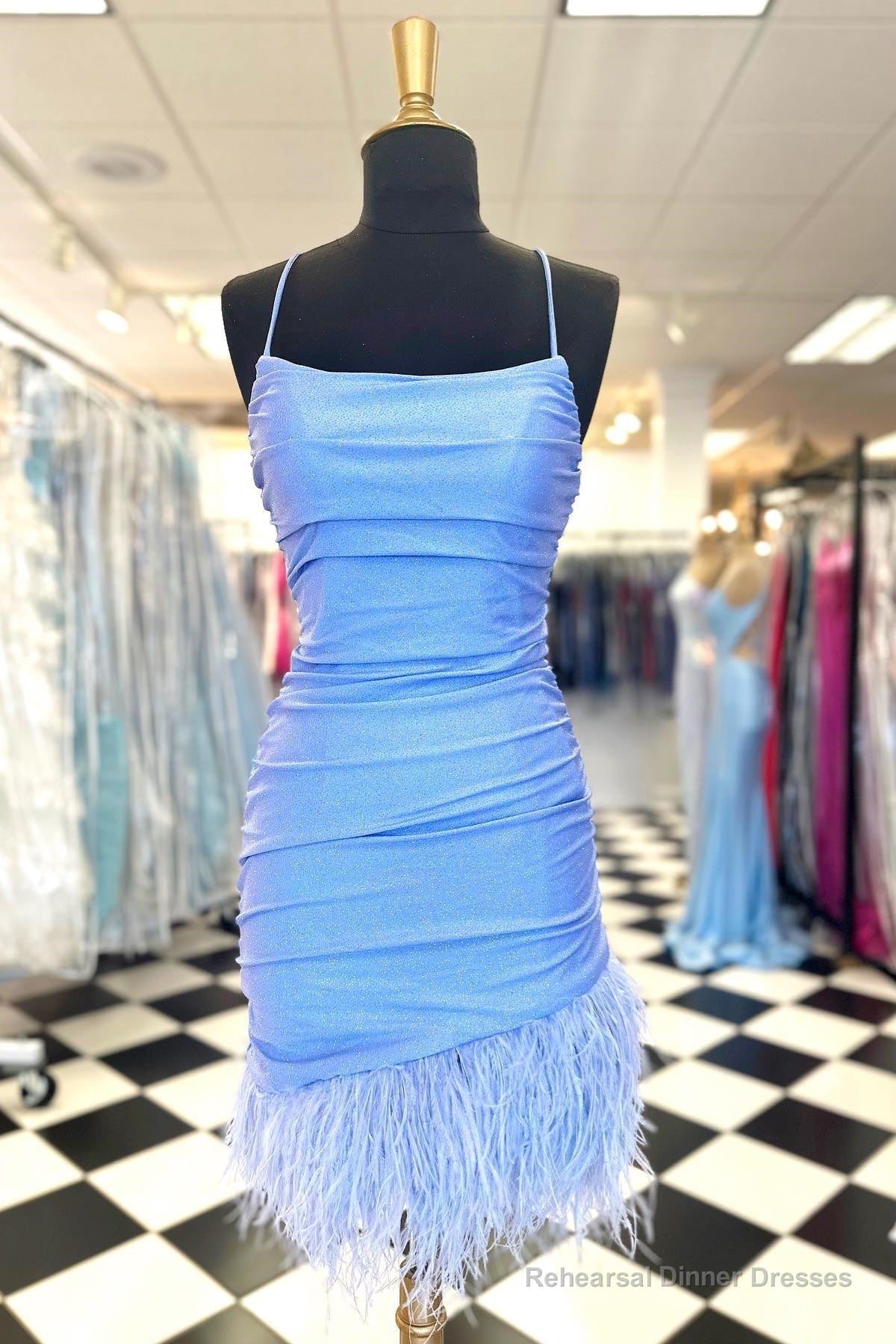Light Blue Lace-Up Sheath Homecoming Dress with Feathers Main image