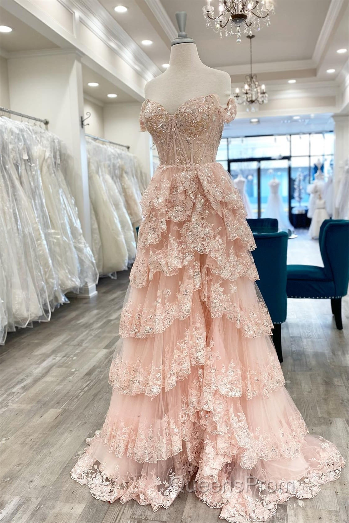 Light Blue Lace Sweetheart Tiered Long Evening Prom Dress with Slit