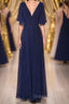 Navy Blue Chiffon V-Neck Ruffled Sleeve Long Bridesmaid Dress