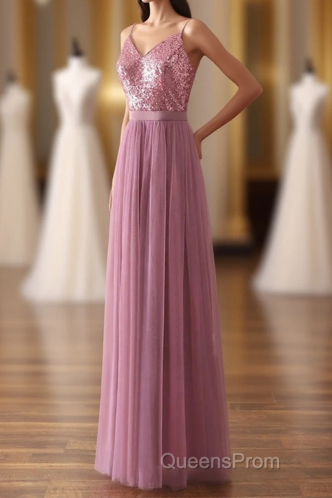 Dusty Purple Sequin Spaghetti Straps A-Line Long Bridesmaid Dress Main image