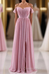Dusty Pink Chiffon Cold-Shoulder A-Line Long Bridesmaid Dress