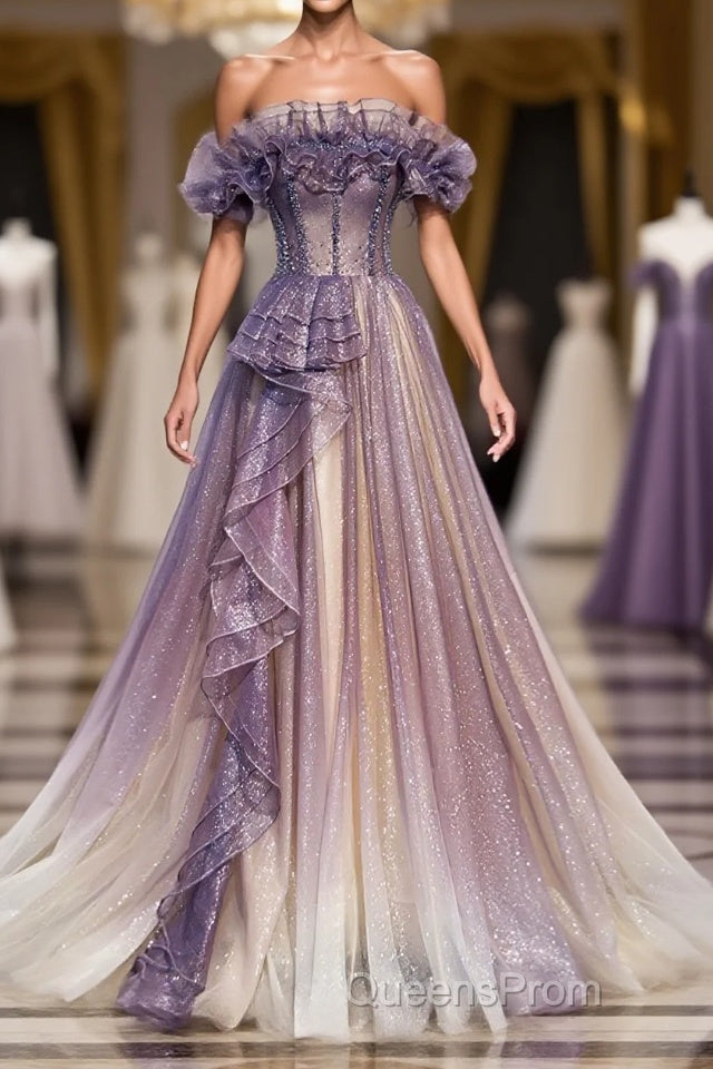 Purple Tulle Sequin Long Evening Prom Dress, Purple Tulle Formal Dress