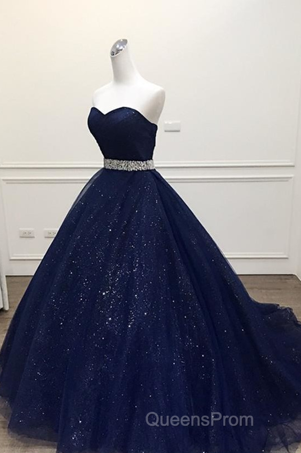 Navy Blue Ball Gown Court Train Sleeveless Mid Back Sparkle Evening Prom Dress Secondary image
